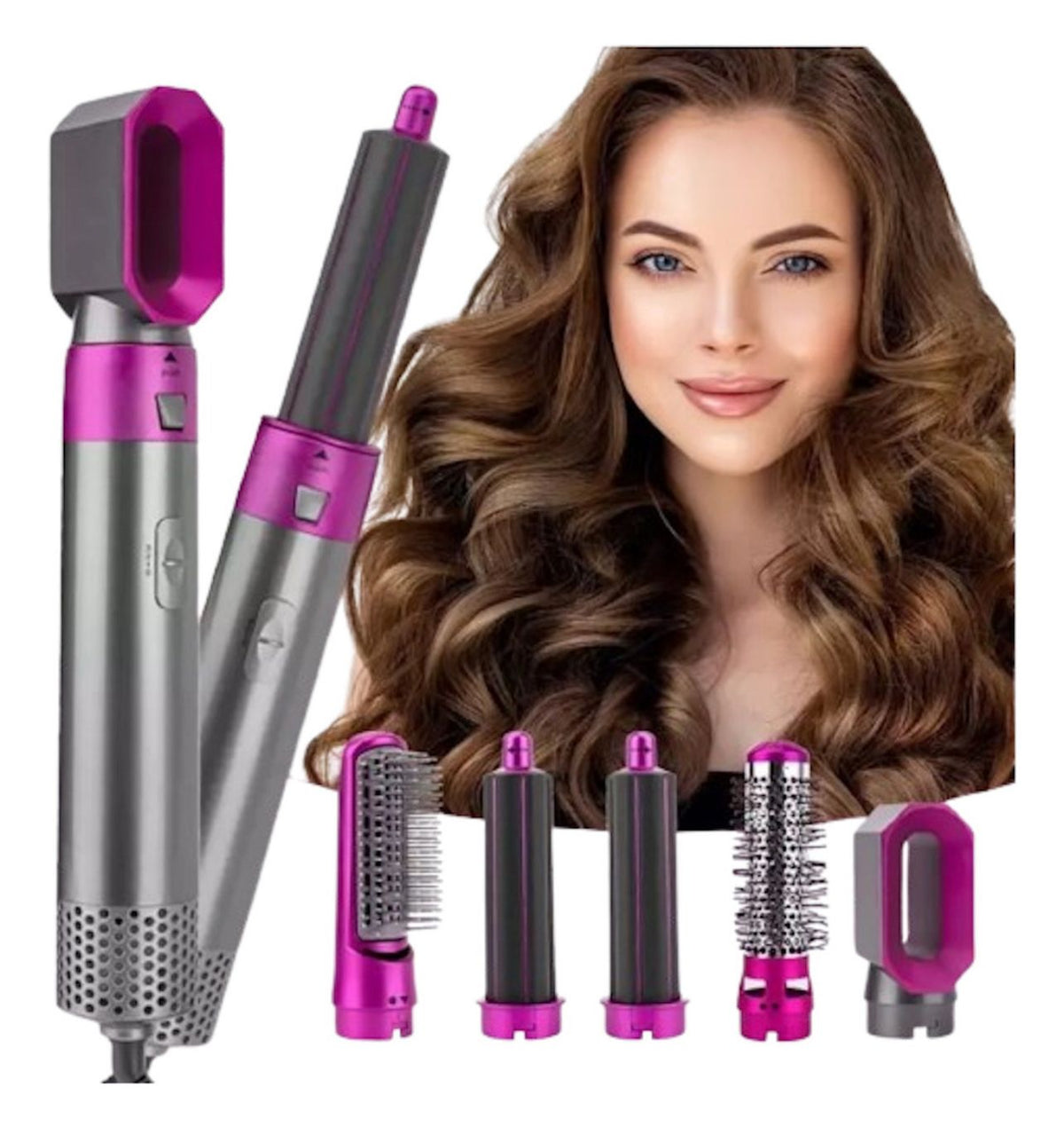 Cepillo secador 5 en 1 con sus accesorios para alisar, dar volumen y ondas en el cabello