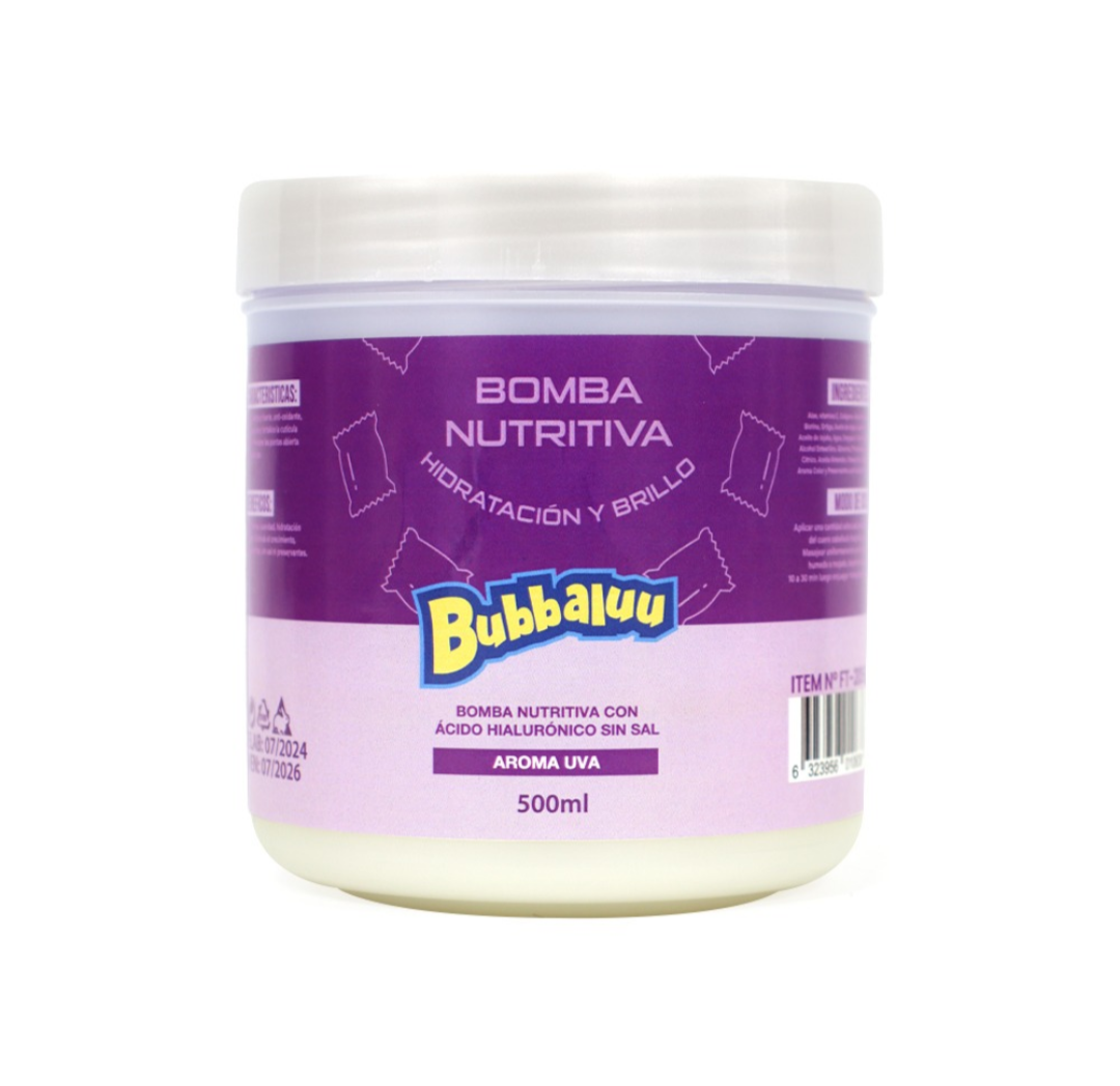 Mascarilla capilar Bomba Nutritiva aroma uva, pote de 500 ml con ácido hialurónico y sin sal