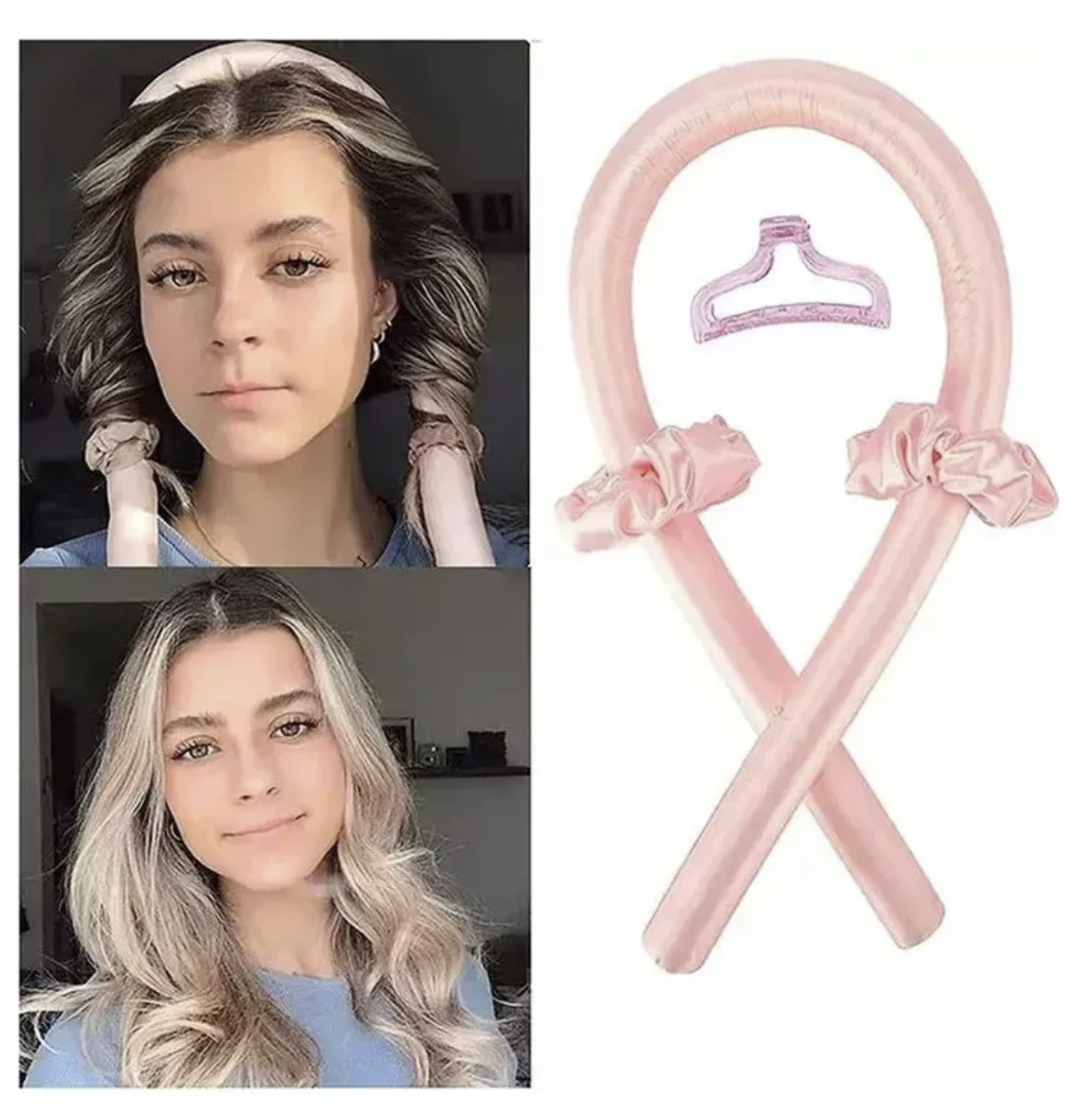 Rizador sin calor rosado con pinza, y ondas logradas en cabello largo