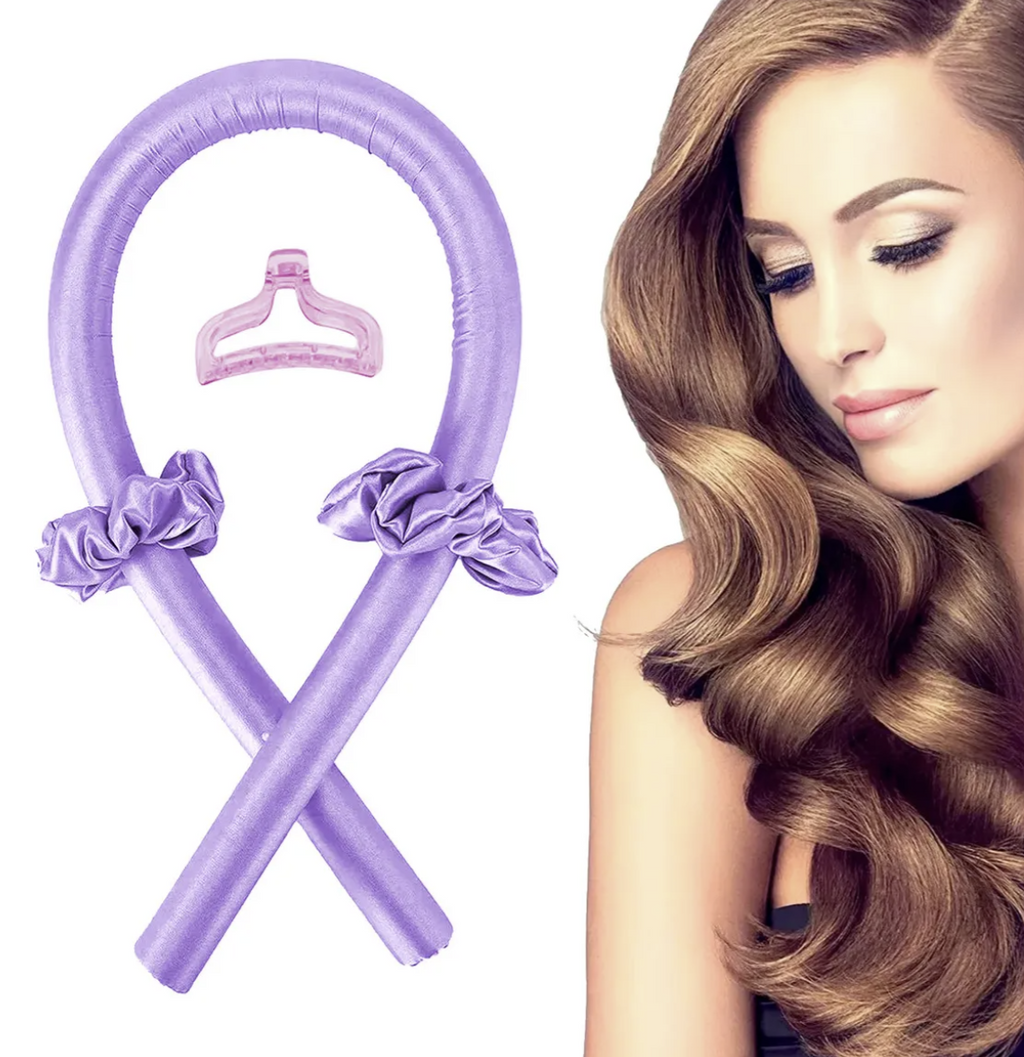 Rizador sin calor lila con pinza y coletas, junto a cabello con ondas