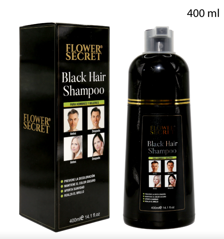 Shampoo cubre canas Flower Secret Black Hair 400 ml con su caja
