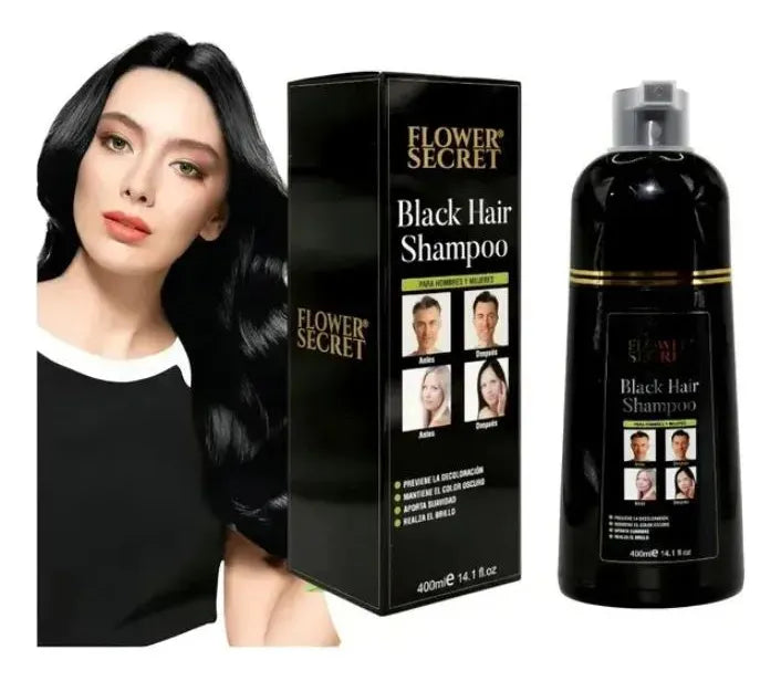 Mujer de cabello negro junto al shampoo cubre canas Flower Secret Black Hair y su caja