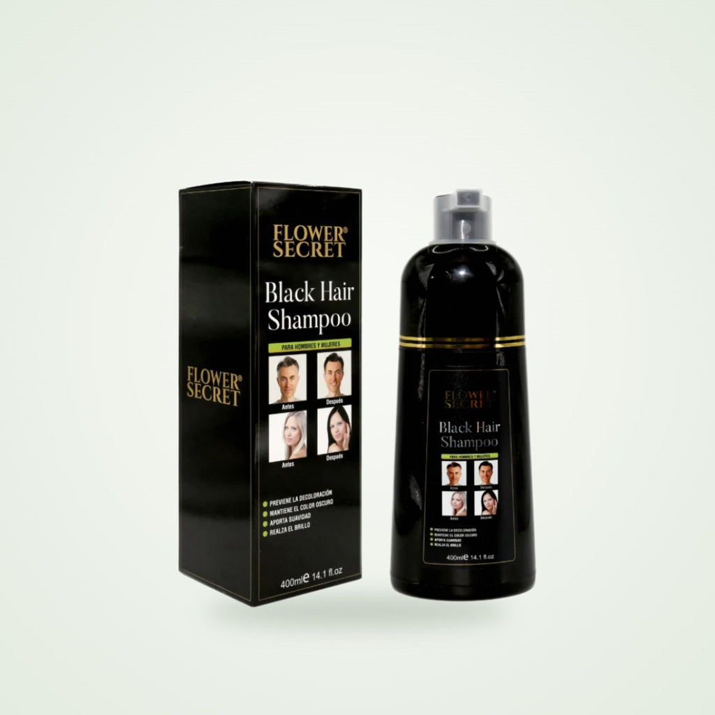 Shampoo cubre canas Flower Secret Black Hair 400 ml junto a su caja