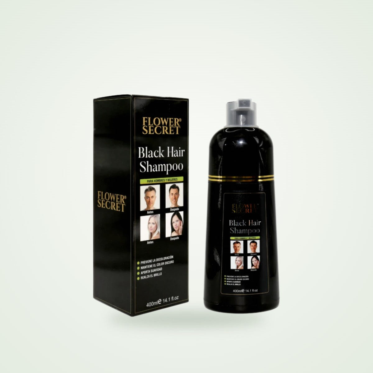 Shampoo cubre canas Flower Secret Black Hair 400 ml junto a su caja