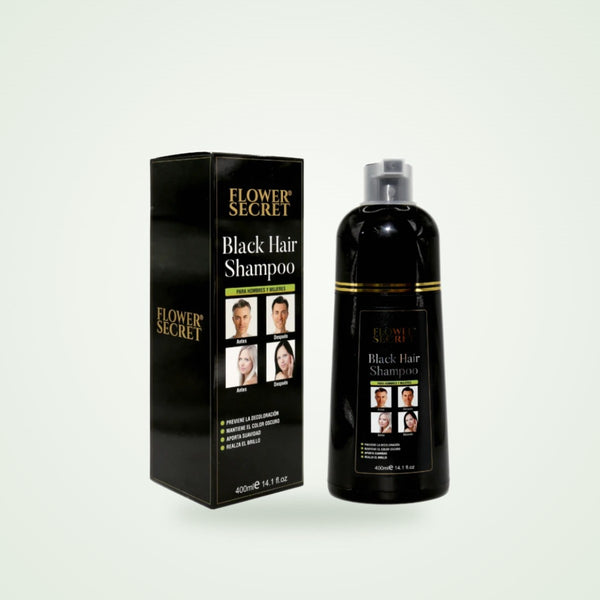 Shampoo cubre canas Flower Secret Black Hair 400 ml junto a su caja